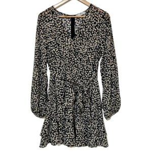 Yours Truly Navy Floral Belt Tie V-Neck Long Sleeve Lined Midi Dress